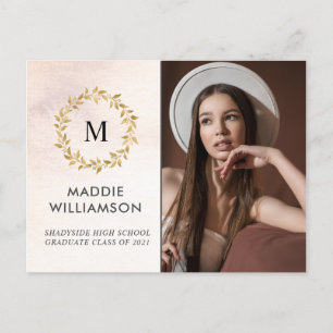 Watercolor Roze Gouden Lauwer Foto Grad Feestje Uitnodiging Briefkaart