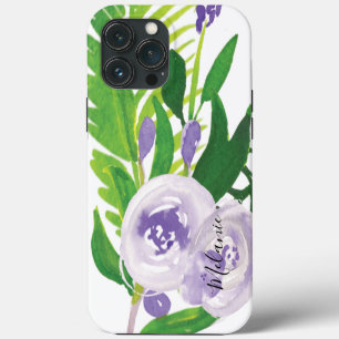 Watercolor Roze Groene Plant Purple Script Naam iPhone 13 Pro Max Hoesje