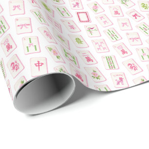 Watercolor Roze & Groene Strik Mahjong Cadeaupapier