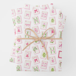 Watercolor Roze & Groene Strik Mahjong Inpakpapier Vel