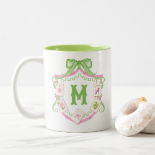 Watercolor Roze & Groene Strik Mahjong Monogram Wa Tweekleurige Koffiemok