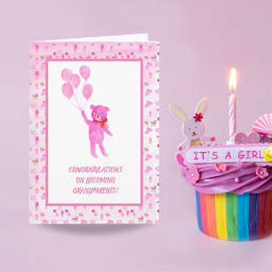 Watercolor Roze Meisje Teddydbeer Grootouders Kaar Kaart
