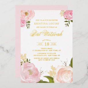 Watercolor Roze Pioen Bloem Bat Mitzvah Folie Uitnodiging