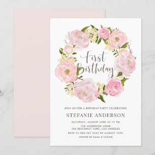 Watercolor Roze Pioen Krans Eerste Verjaardag Kaart