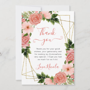 Watercolor Roze Rozen Gouden Lijst Quinceanera Bedankkaart