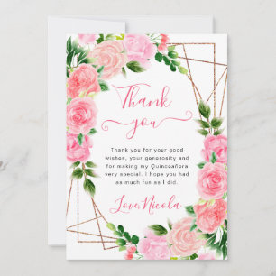 Watercolor Roze Rozen Gouden Lijst Quinceanera Bedankkaart