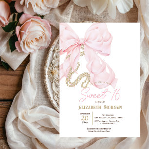 Watercolor Roze Strik Parels Stippen Sweet 16 Kaart