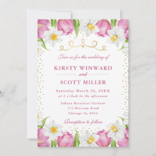 Watercolor Roze Tulpen en Narcissen Bruiloft Kaart