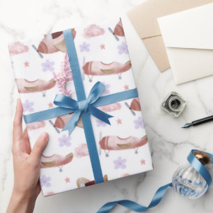 Watercolor Roze Vliegtuig Cadeaupapier