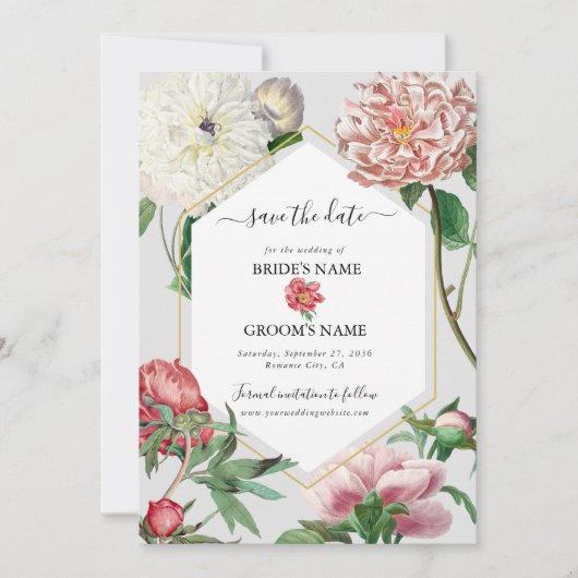 Watercolor Roze Witte Pioen Bloemen Bruiloft Save The Date (Voorkant)
