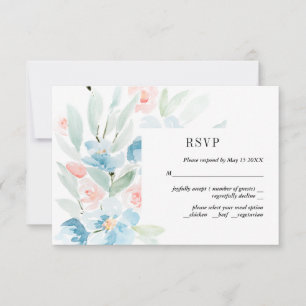 Watercolor Rozen en Blauwe Trouw RSVP Kaart