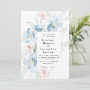 Watercolor Rozen en Blauwe Trouw Uitnodiging