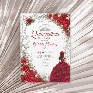 Watercolor Rozen Rood en Zilver Quinceañera Kaart