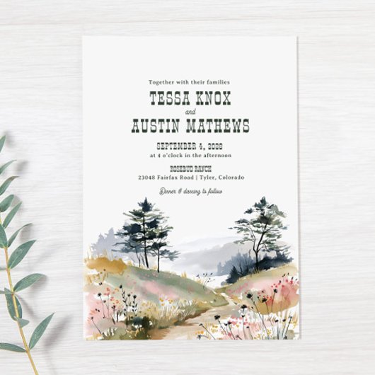 Watercolor Rustic Mountain Wedding Invitation