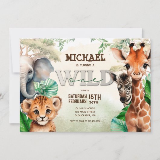 Watercolor Safari Wild One Kaart (Voorkant)