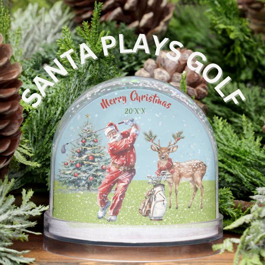 WATERCOLOR SANTA PLAYS GOLF REINDEER WAITS SNOW