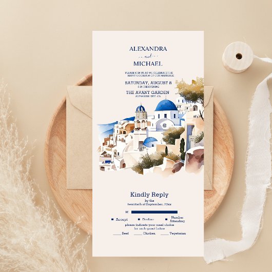 Watercolor Santorini Bestemmingshuwelijk All In One Uitnodiging