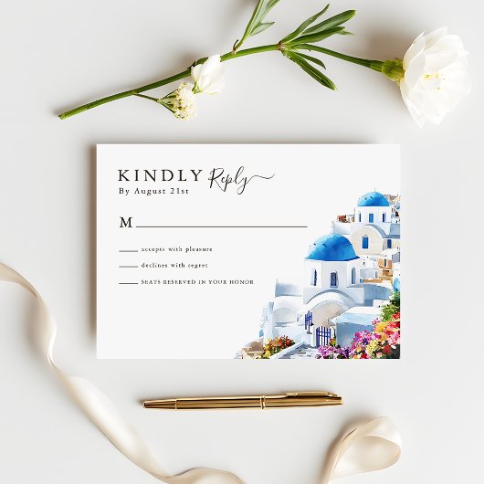Watercolor Santorini Destination Huwelijk RSVP Kaartje