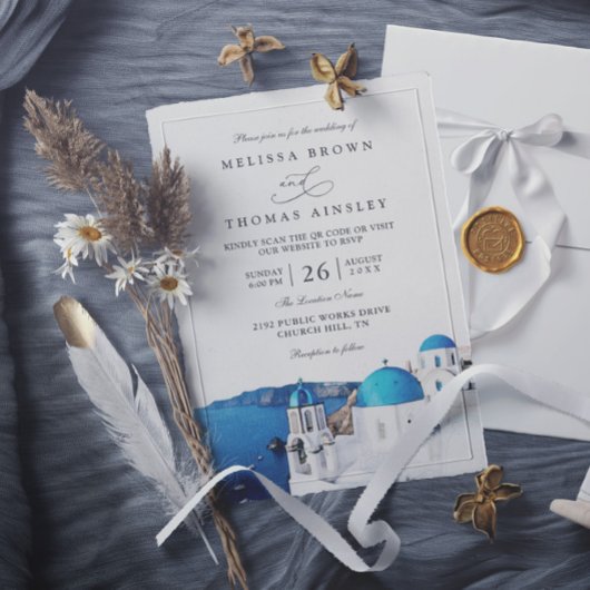 Watercolor Santorini Greece Modern QR Code Wedding Kaart