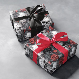 Watercolor Schedels en Rozen Rood Grijs Cadeaupapier