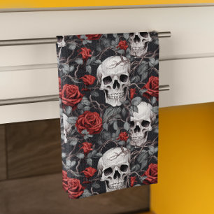 Watercolor Schedels en Rozen Rood Grijs Theedoek