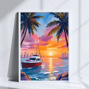 Watercolor Schilderij Miami Beach Boat Bay Zonsond Poster