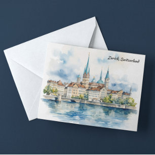 Watercolor Schilderij van Zürich Zwitserland Briefkaart