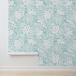 Watercolor Schildpadden op Golven Zeeschuim Blauw  Behang