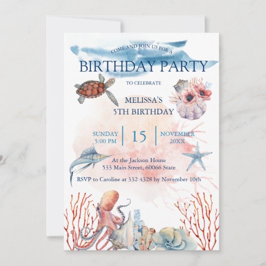 Watercolor Sea Animaux Invitation de fête d'annive (Devant)