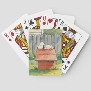 Watercolor slapende hond op rode hondenhok kunst pokerkaarten