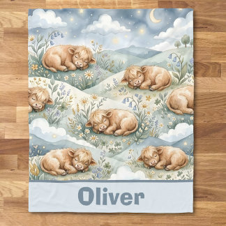 Watercolor slapende Hooglanders Fleece Deken