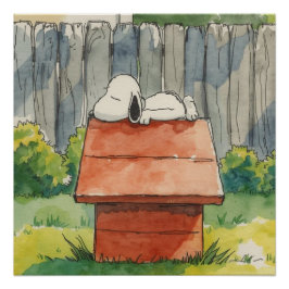 Watercolor Sleeping Dog on Red Doghouse Art Perfect Poster