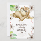 Watercolor Sloth Heart Floral Invitation d'anniver (Devant)