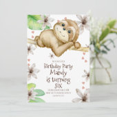 Watercolor Sloth Heart Floral Invitation d'anniver (Debout devant)