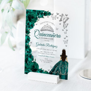 Watercolor Smaragdgroene Rozen Zilver Quinceanera Acryl Uitnodigingen