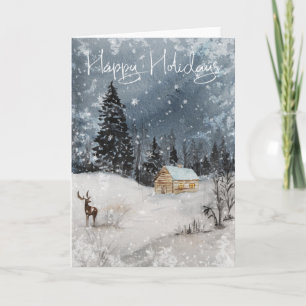 Watercolor Sneeuw Landschap Blokhut Prettige Feest Kaart
