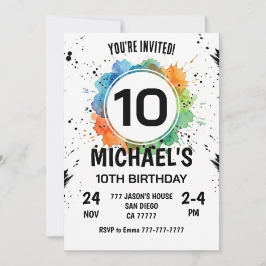 Watercolor Splash Boy 10th Birthday Kaart (Voorkant)