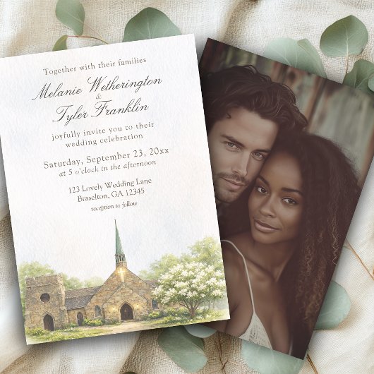 Watercolor Stone Chapel Wedding Photo Invitation
