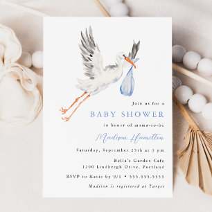 Watercolor Stork Blue Boy Baby shower Invitation