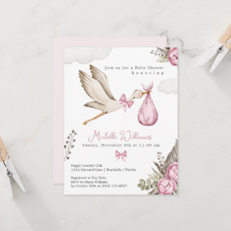 Watercolor Stork Girl Pink Baby Shower Invitation Kaart