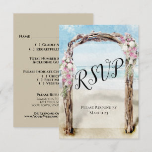 Watercolor strand huwelijksboog met rozen RSVP kaartje