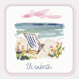 Watercolor strandstoel met naam vierkante sticker