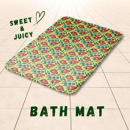 Watercolor Strawberry Blueberry Pattern on Yellow Badmat