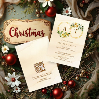 Watercolor Style Gold Floral Christmas Wreath Kaart