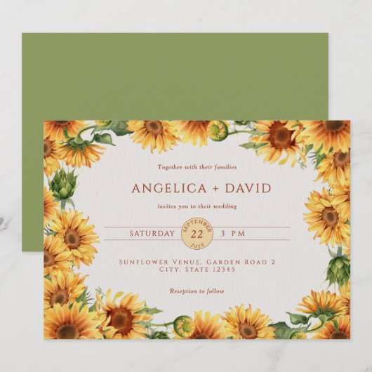 Watercolor Sunflower Border Wedding Invitation Kaart (Voorkant / Achterkant)