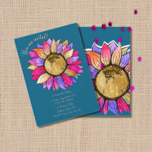 Watercolor Sunflower Floral Teal Pink Birthday