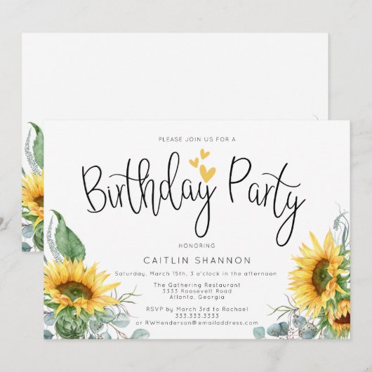 Watercolor Sunflower Invitation de fête d'annivers (Devant / Derrière)