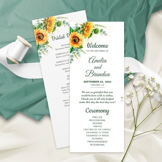 Watercolor Sunflower Programme de mariage rustique