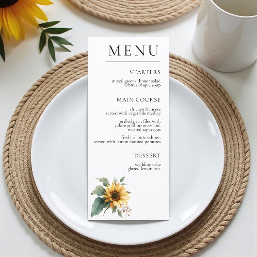 Watercolor Sunflower Rustic Foliage Wedding  Menu
