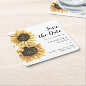 Watercolor Sunflower Script Wedding Save the Date Vierkante Kartonnen Onderzetter (Schuin)
